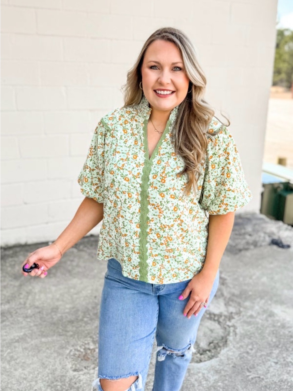 Umgee Green Floral Puff-Sleeve Button Front Blouse